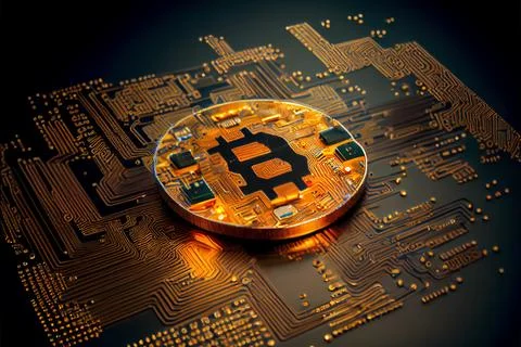 Bitcoin golden coin on computer circuit board 스톡 일러스트