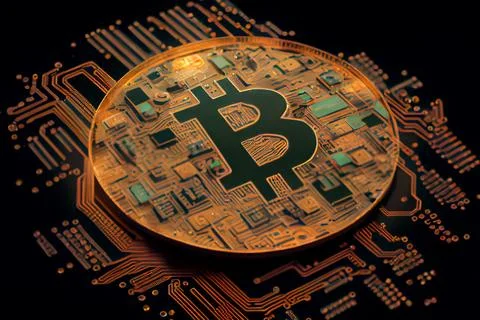 Bitcoin golden coin on computer circuit board Illustrazione stock