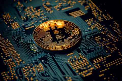 Bitcoin golden coin on computer circuit board 스톡 일러스트
