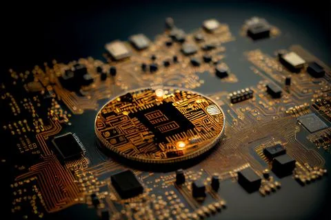 Bitcoin golden coin on computer circuit board 스톡 일러스트