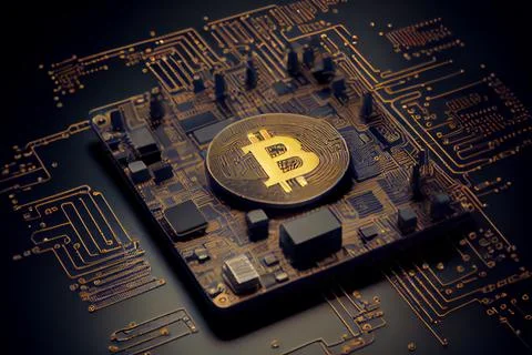 Bitcoin golden coin on computer circuit board 스톡 일러스트