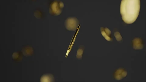 Bitcoin golden coin falling down and spinning with many others Stock Footage 253591558