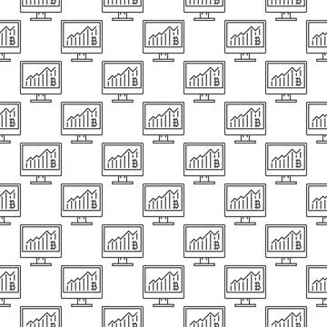 Bitcoin Graph on PC Display vector Cryptocurrency seamless pattern in outli.. Illustrazione stock