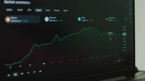 Bitcoin graph review on laptop screen. Bitcoin and cryptocurrency investing Stock Footage 272599092