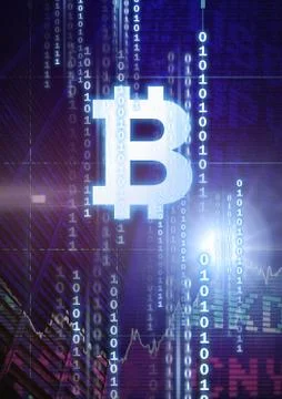 Bitcoin graphic icon with binary code and market finance economy charts Stock Illustration