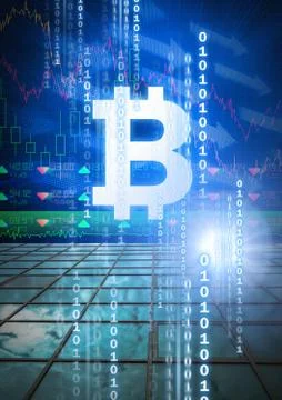 Bitcoin graphic icon with binary code and market finance economy charts Stock Photos