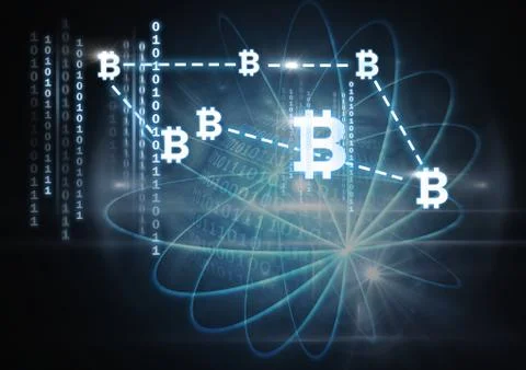Bitcoin graphic icons and binary code connecting Stock Illustration