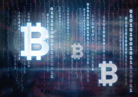 Bitcoin graphic icons and binary code lines Stockillustratie