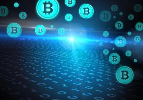 Bitcoin graphic icons and binary code Stock Illustration