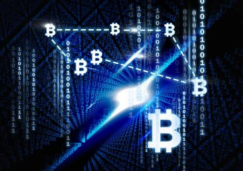 Bitcoin graphic icons connecting with binary code イラスト素材