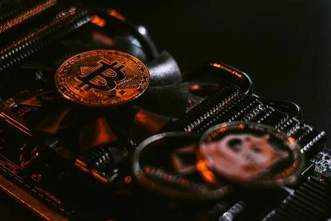 Bitcoin on graphic videcard Foto stock