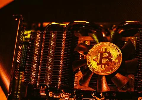 Bitcoin on graphic videcard Stock Photos