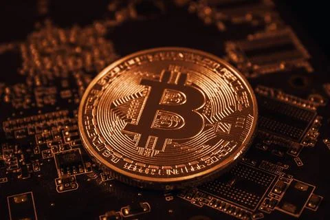 Bitcoin on graphic videocard Stock Photos