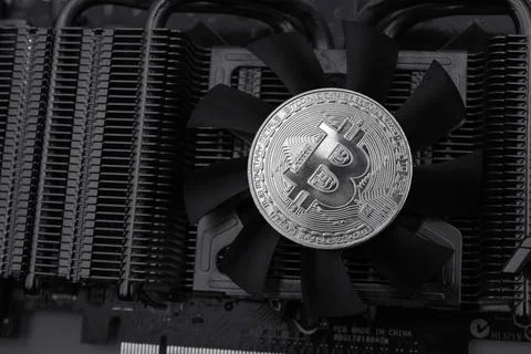 Bitcoin on graphic videocard Stock Photos