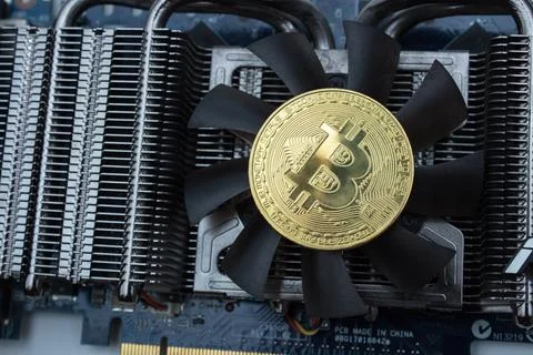 Bitcoin on graphic videocard Stock Photos