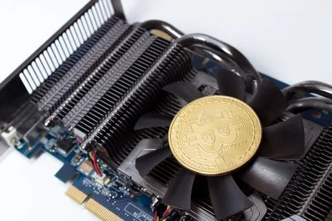 Bitcoin on graphic videocard Stock Photos
