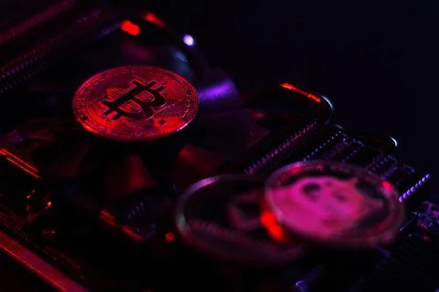 Bitcoin on graphic videocard Stock Photos