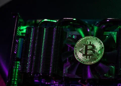 Bitcoin on graphic videocard Stock Photos