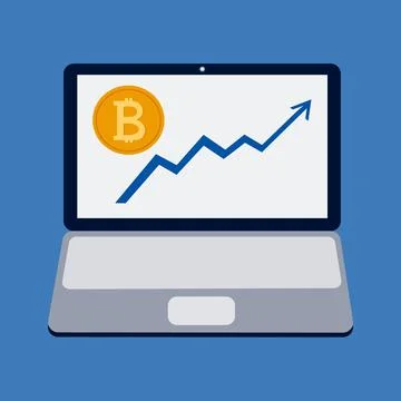 Bitcoin grow up chart vector image. Illustration with laptop on blue backgrou Stock Illustration