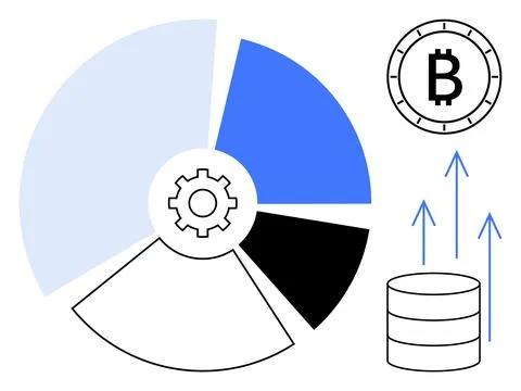 Bitcoin growth represented through pie chart and gear with rising arrows an.. Stock Illustration