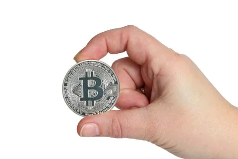 Bitcoin in hands on white background Stock Photos
