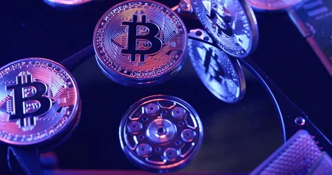 Bitcoin on Hard Drive, Computer components and Crypto currency coins Stock Footage 172053490