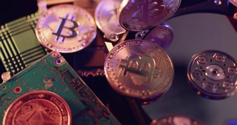 Bitcoin on Hard Drive platter, storage capacity for Blockchain and mining Stock Footage 172056920