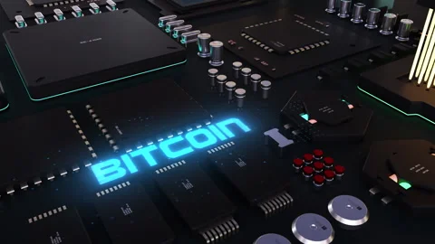 Bitcoin header on the background of microprocessors on a circuit board . the  Stockbeeldmateriaal 206999374