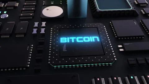 Bitcoin header on the background of microprocessors on a circuit board . the  Stockbeeldmateriaal 206999533