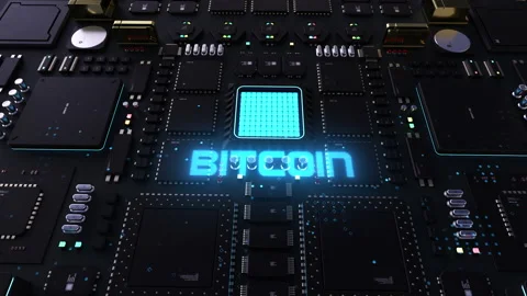 Bitcoin header on the background of microprocessors on a circuit board . the  Stockbeeldmateriaal 206999694