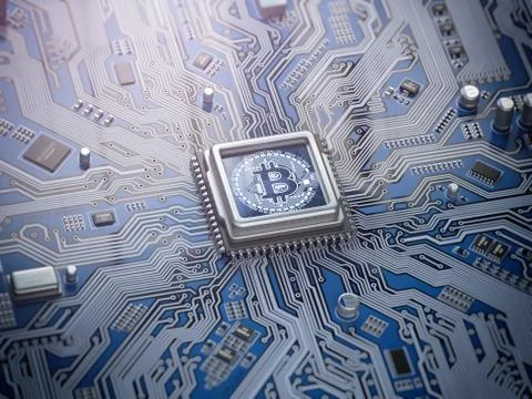 Bitcoin hologram over CPU core and computer circuit board or motherboard. Cry Stock Photos