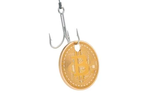 Bitcoin on the hook, phishing concept. 3D rendering Illustrazione stock
