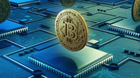 Bitcoin Hovering Above Microchip Illustration