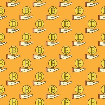 Bitcoin on Human Hand vector Cryptocurrency colored seamless pattern Stock Illustration