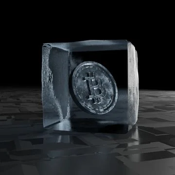 Bitcoin in an ice cube. 3D Render Stock Illustration