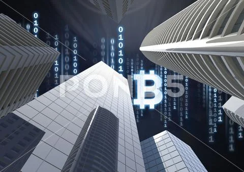 Bitcoin icon and binary code lines in sky above 3D city buildings Stock Illustration