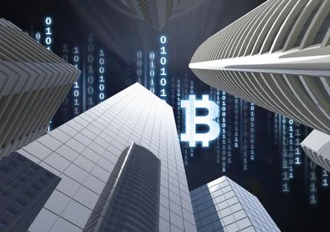 Bitcoin icon and binary code lines in sky above 3D city buildings Illustrazione stock