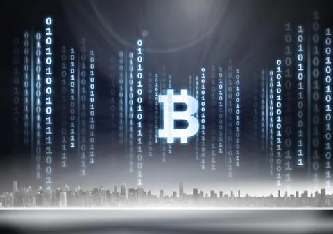 Bitcoin icon and binary code lines above city Stock Illustration