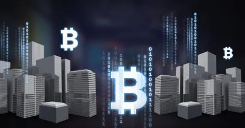 Bitcoin icon and binary code lines above city Stock Photos