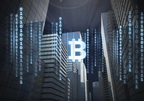 Bitcoin icon and binary code lines in sky in 3D city buildings Stock Photos