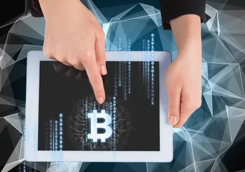 Bitcoin icon and interface on tablet in hands Stock Photos
