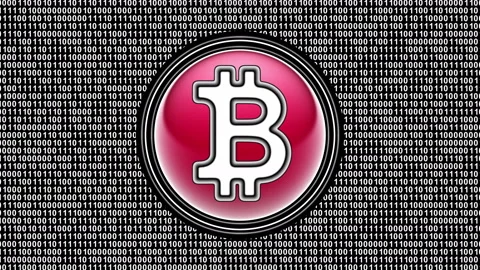 Bitcoin icon. Binary code ( array of bits ) in the screen. Looping footage. Stockbeeldmateriaal 123779759
