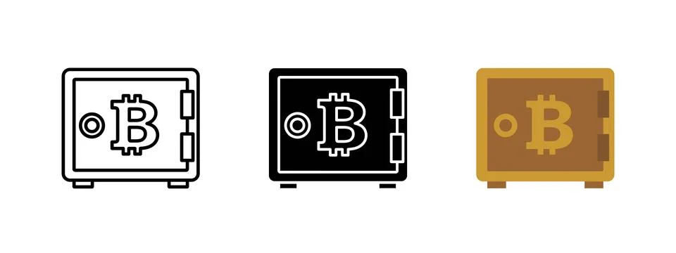 Bitcoin icon. Crypto safe box vector illustration. Blockchain vault securit.. Ilustración de archivo