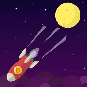 Bitcoin icon rocket ship in flat style Stock Illustration