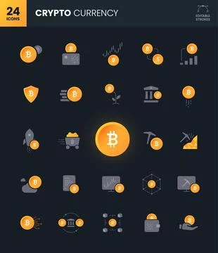 Bitcoin icon set with editable strokes. 24 crypto currency icons. Ilustración de archivo
