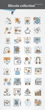 Bitcoin icon set modeern thin and flat line vector Stock Illustration