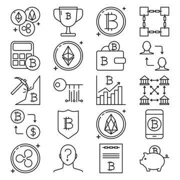 Bitcoin icon set in thin line style Stock Illustration