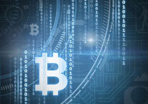 Bitcoin icons and binary code graphic lines 스톡 일러스트