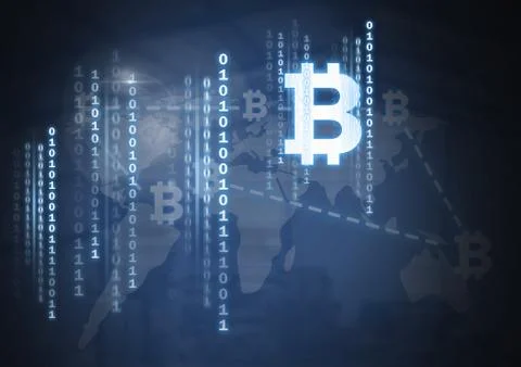 Bitcoin icons and binary code on world map Illustrazione stock