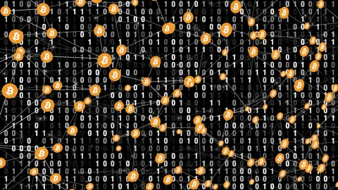 Bitcoin innovation composition of bitcoin cryptocurrency, and binary code Stock Footage 254498051